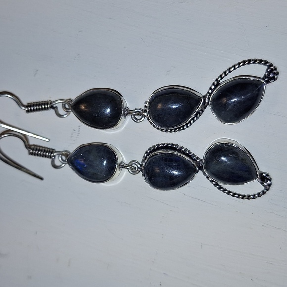 Labradorite Long Drop Earrings - Silver Long Dangle - Picture 1 of 5